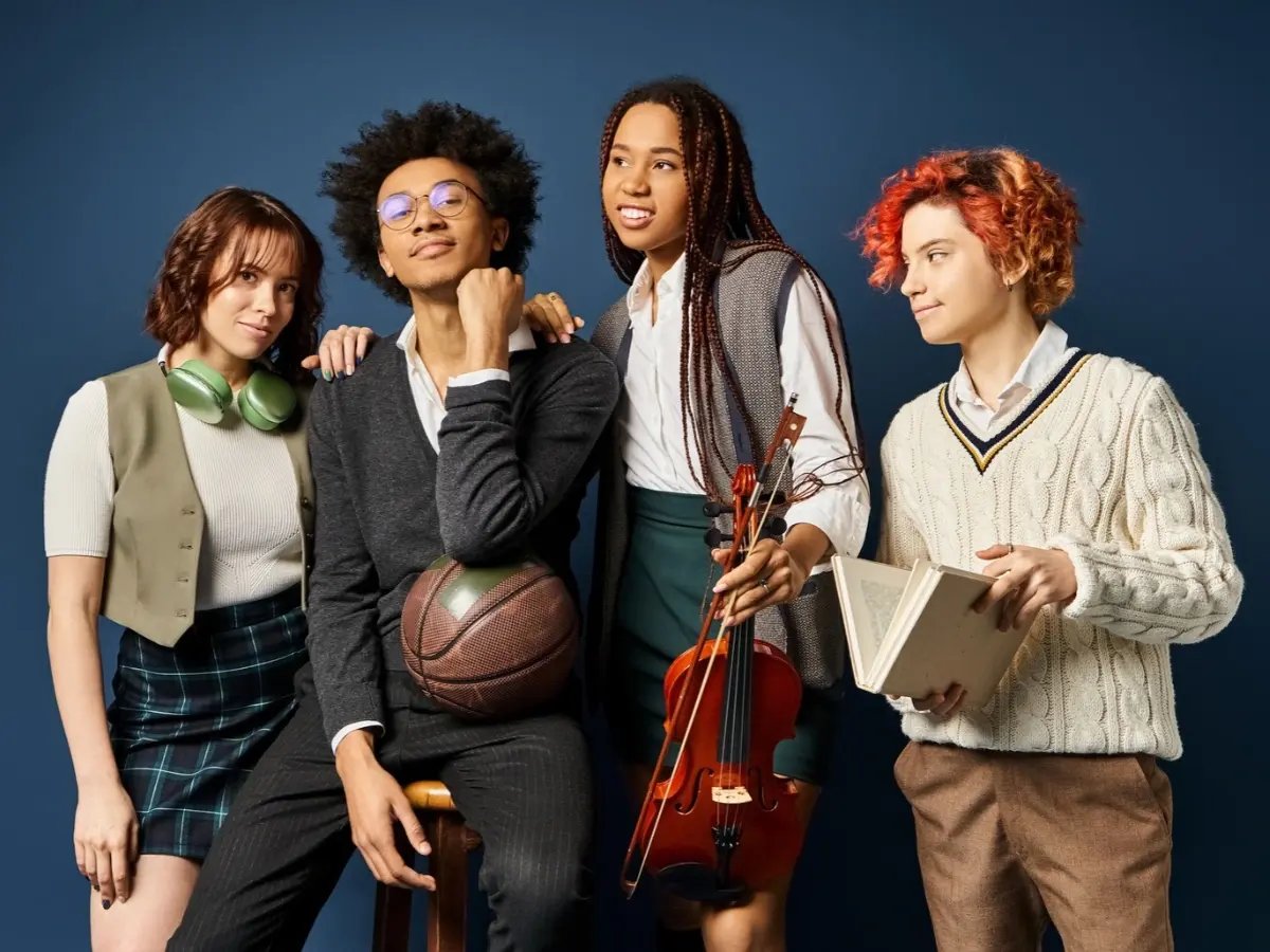 Four diverse young students posing together against a solid dark blue background showcasing various talents and interests: one wearing green headphones, one seated holding a basketball, one holding a violin, and another reading an open book.