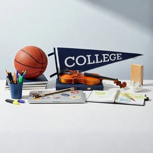 A desk with a basketball, violin, laptop with stickers, and a college pennant, representing a student's diverse extracurricular activities