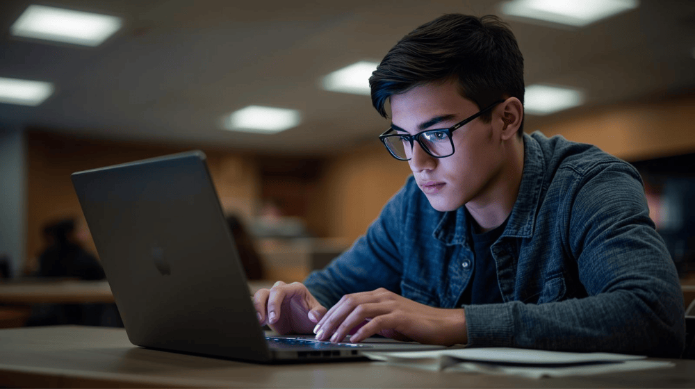 Student with ADHD surfacing the web on laptop. 